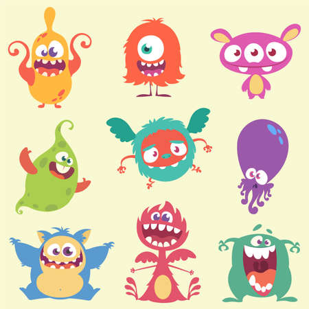 Cute cartoon monsters and alien character icons set. Halloween vector illustrationのイラスト素材