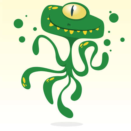 Happy cartoon octopus. Vector Halloween green monster with one eye and tentacles isolatedのイラスト素材