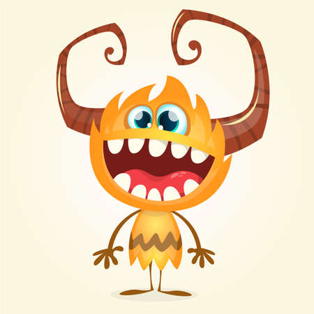 Happy orange monster. Vector Halloween horned monster character smiling isolatedのイラスト素材