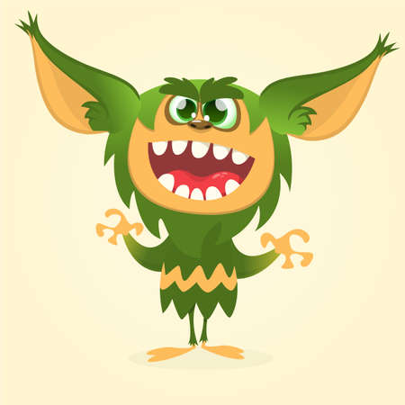 Happy cartoon gremlin monster. Halloween vector goblin or troll with green fur and big earsのイラスト素材
