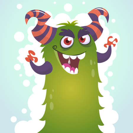 Happy cartoon green and fluffy horned monster. Halloween vector character postcardのイラスト素材