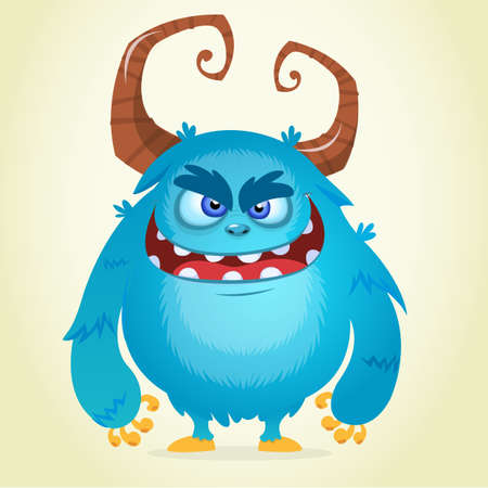 Angry cartoon monster. Halloween vector blue and horned monsterのイラスト素材