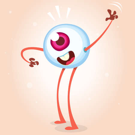 Happy cartoon eye monster waving. Helloween vector monster eye with hands and legs isolated on light backgroundのイラスト素材