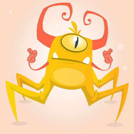 Cute cartoon monster spider. Halloween yellow and horned monster character with one eye. Isolated on light backgroundのイラスト素材