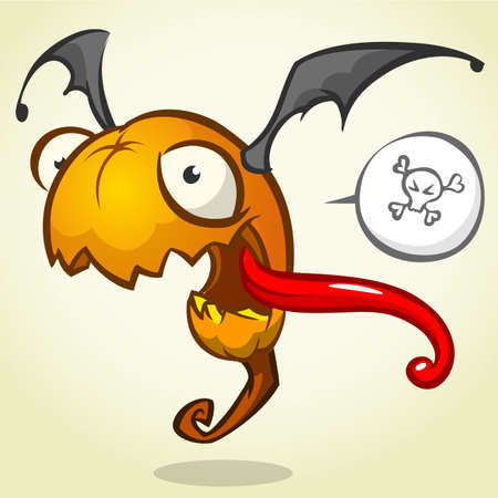 Cartoon pumpkin head with bat wings flying and screaming. Vector Halloween illustration isolatedのイラスト素材