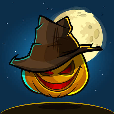 Cartoon Halloween pumpkin with hat isolated on dark night background with a big full moon behind. Halloween vector illustrationのイラスト素材