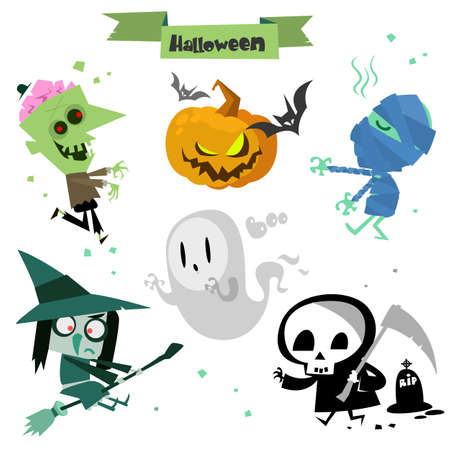 Cute cartoon Halloween characters icon set. Zombie, pumpkin head, mummy, bat, witch, ghost, grim reaper, death and cemetery. Vector  Halloween elementsのイラスト素材