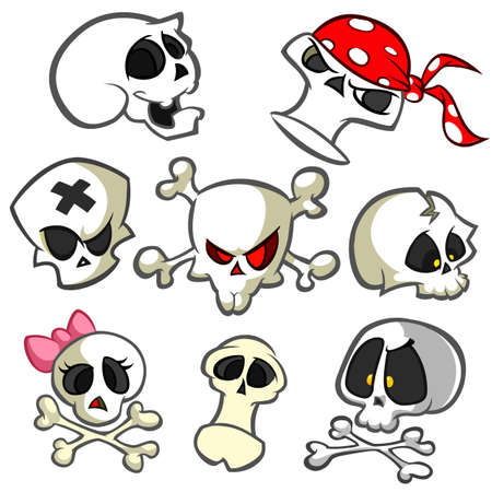 A collection of vector cartoon skulls in various styles. Skull icons. Halloween elements for party decorationのイラスト素材