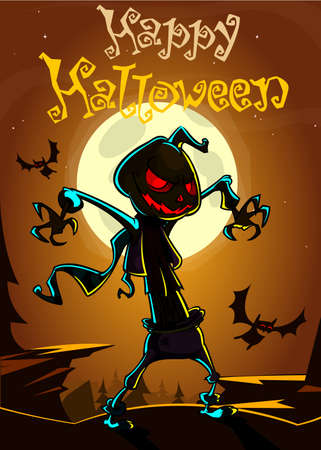 Halloween scary pumpkin head scarecrow, vector postcard for Halloween holidayのイラスト素材