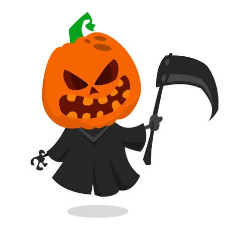 Cartoon pumpkin head monster icon. Vector pumpkin reaper with scythe isolated on whiteのイラスト素材