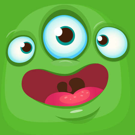 Cartoon monster face. Vector Halloween green monster avatar with three eyes smileのイラスト素材