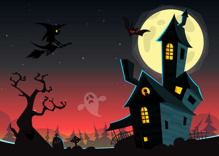 Halloween haunted moonlight night background with spooky house and cemetery, can be use as flyer, banner or poster for night partiesのイラスト素材