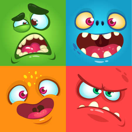 Cartoon monster faces set. Vector set of four Halloween monster facesのイラスト素材