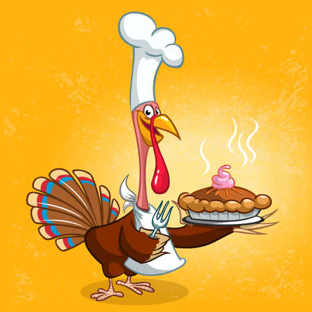 Thanksgiving turkey chief cook serving pumpkin pie. Vector cartoonのイラスト素材