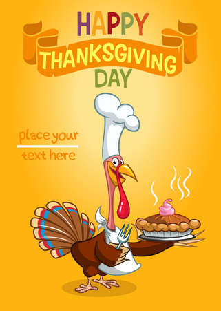 Thanksgiving turkey serving pumpkin pie. Vector cartoonのイラスト素材
