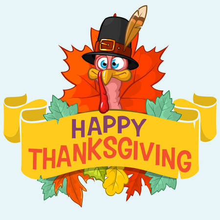 Happy thanksgiving turkey with autumn leaves, vector cardのイラスト素材