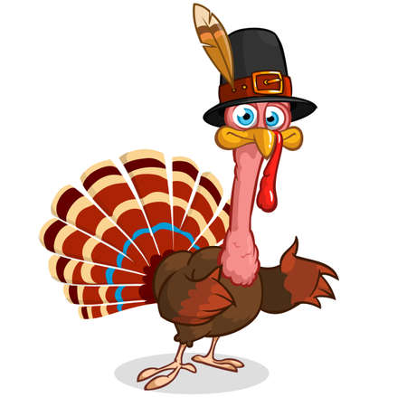 Cartoon turkey waving in pilgrim hat.Vector, grouped for easy editing. No open shapes or pathsのイラスト素材