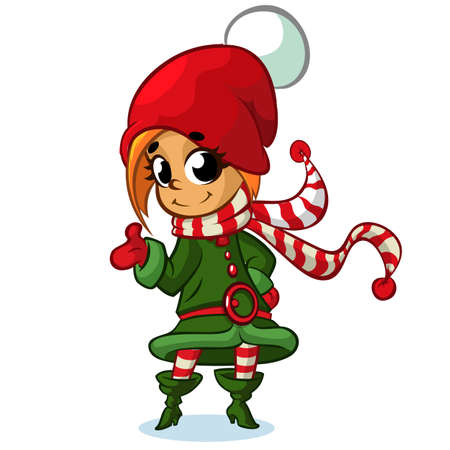 Christmas girl elf character in Santa hat. Illustration of Christmas greeting card with cute girl elf on simple white background.のイラスト素材