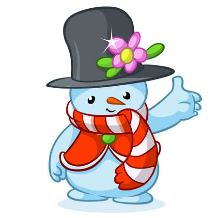Christmas snowman with grey hat and striped scarf isolated on white background. Vector illustrationのイラスト素材