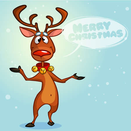 Christmas reindeer with speech bubble. Vector illustration on snowy backgroundのイラスト素材