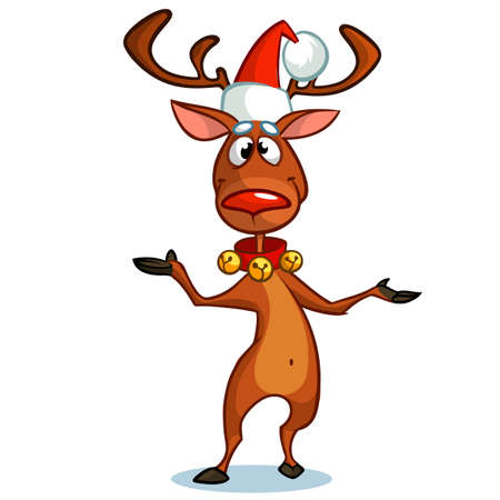 Christmas reindeer in Santa Claus hat pointing a hand. Vector illustration on snowy backgroundのイラスト素材