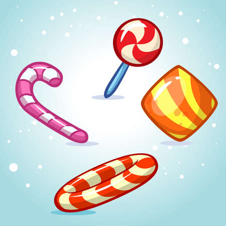 Christmas candy set. Colorful wrapped sweet, lollipop, cane. Vector illustration isolated on a white backgroundのイラスト素材