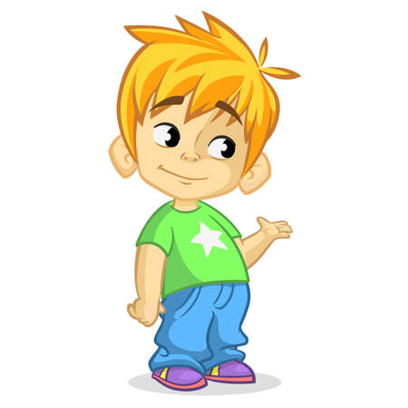 Cute blonde boy waving and smiling. Vector cartoon  illustration of a boy presentingのイラスト素材