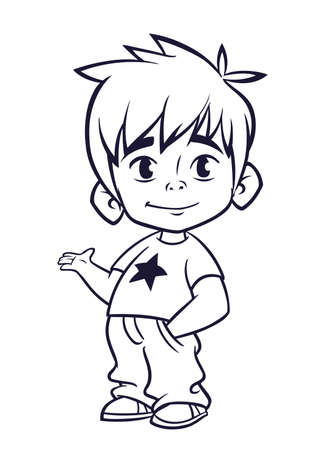 Vector illustration of small boy in man's clothes outlines. Cartoon of a young boy dressed up in a mans business suit presenting. Countur. Coloring bookのイラスト素材