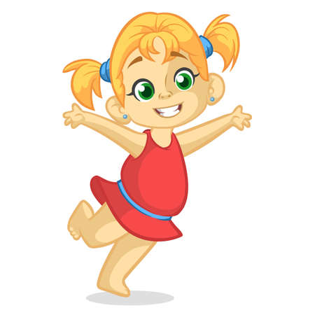 Vector color cartoon image of a cute little girl in red dress. Little girl with blonde hair. Little girl is dancing and smiling on a white background. Color image with outlines. Vector cartoon little girl icon.のイラスト素材