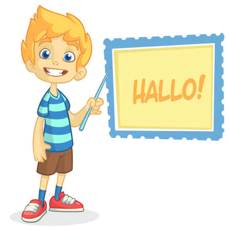Vector illustration of blond boy in shorts and striped t-shirt. Cartoon of a young boy dressed up presenting on a board with pointerのイラスト素材