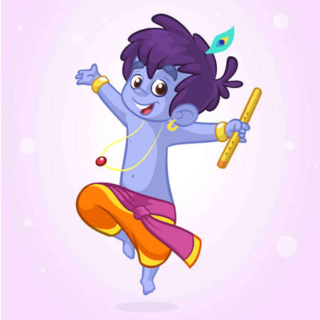 Little cartoon Krishna with a flute. Greeting card for Krishna birthday. Vector illustration isolated on a white background. Outlined illustrationのイラスト素材