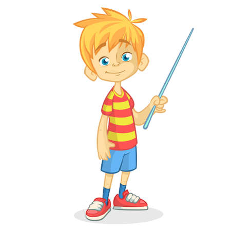 Cartoon little boy in shorts and striped t-shirt. Vector illustration of a funny make presentation with pointerのイラスト素材