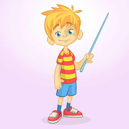 Cartoon little boy in shorts and striped t-shirt. Vector illustration of a funny make presentation with pointerのイラスト素材