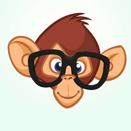 Happy cartoon monkey head wearing glasses. Vector icon of chimpanzee. Design for sticker, icon or emblemのイラスト素材