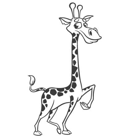 Coloring pages. Animals. Cartoon of a little cute giraffe stands and smiles. Outlined line art. Vector illustrationのイラスト素材