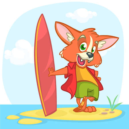 Cartoon summer holiday background with fox surfer. Vector illustration of white cute fox standing with his surfboardのイラスト素材