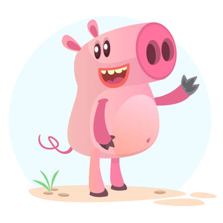 Happy cartoon pig. Farm animals. Vector illustration of a smiling piggy isolated on simple background.のイラスト素材
