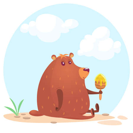 Cute cartoon brown bear holding honey wooden stick.のイラスト素材