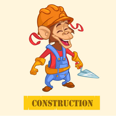 Cartoon engineer monkey with a trowel. Vector illustration with under construction title.のイラスト素材