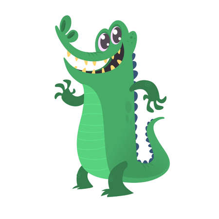 Cute cartoon crocodile. Vector illustration of alligator waving and presenting. Isolated on white background. Design for kids  t-shirts, mug, bag lunchbox, wallpaper, wrapper, poster and banner.のイラスト素材