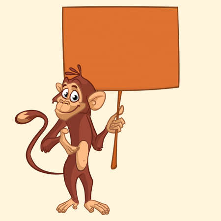 Cute cartoon chimpanzee holding blank wooden sign. Vector illustration of a funny monkey with empty wood board.のイラスト素材
