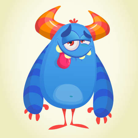 Funny pleased blue cartoon monster. Blue vector alien character with pleased expression. Children book illustration. Halloween designのイラスト素材