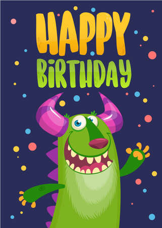 Funny cartoon green monster happy birthday card. Vector illustration. Design poster for partyのイラスト素材