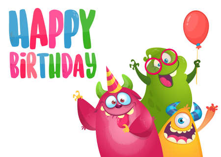 Vector birthday card with cute funny monsters in cartoon style. Design for poster or print decorationのイラスト素材