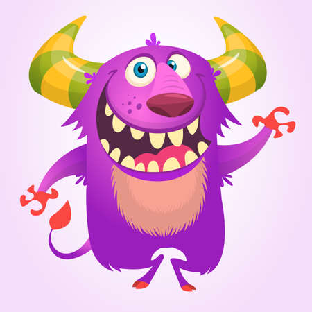 Cute cartoon violet horned and fluffy monster smiling. Halloween vector illustrationのイラスト素材