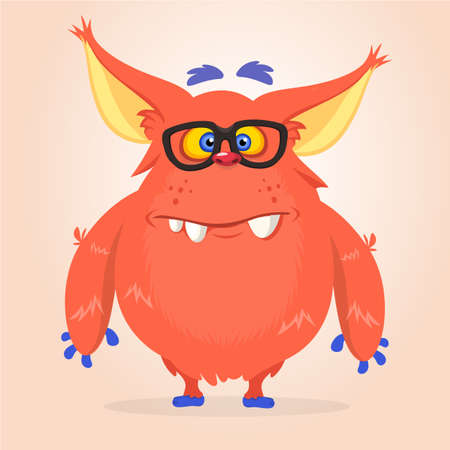 Vector cartoon of a red fat and fluffy Halloween monster with big ears wearing glasses. Funny troll or gremlin characterのイラスト素材
