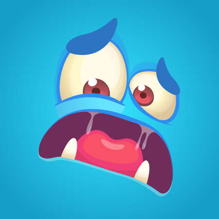 Cartoon angry monster face. Vector blue monster scared avatarのイラスト素材