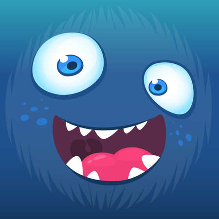 Cartoon monster face. Vector Halloween blue monster avatar with wide smileのイラスト素材