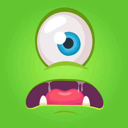 Cartoon angry monster face. Vector Halloween green monster with one eye. Monster maskのイラスト素材