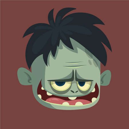 Vector cartoon image of a funny gray zombie with big head frightening someone on a dark background. Apocalypse; dead; halloween.のイラスト素材